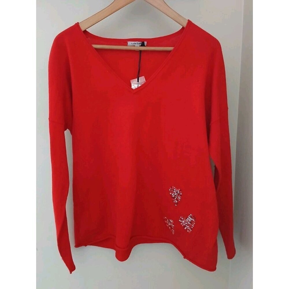 New Lisa Todd Sequin Heart V Neck Sweater